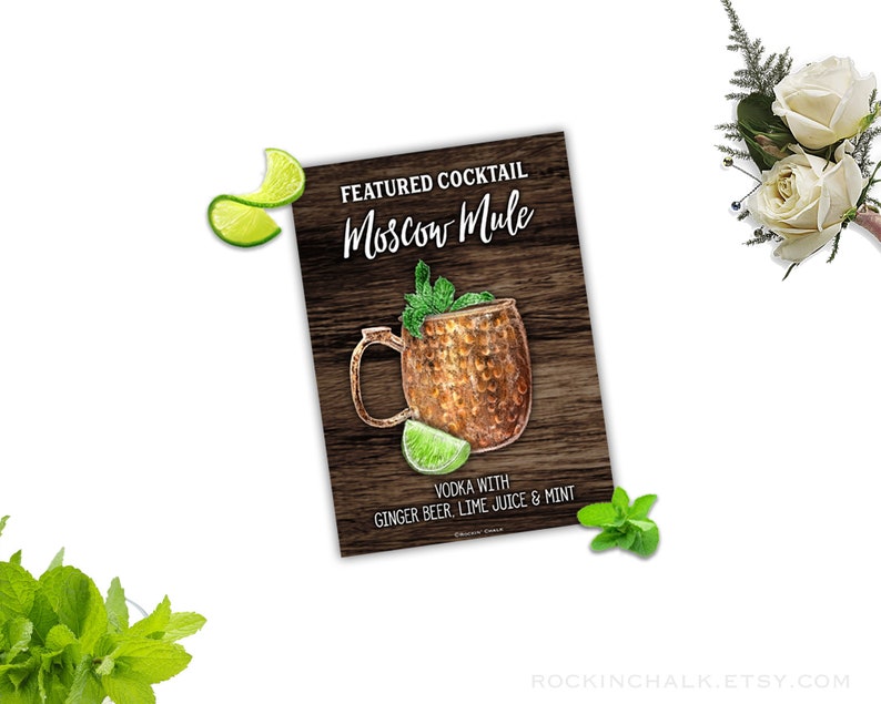 Printable Moscow Mule Drink Sign Gift for Him Bar Decoration for Wedding Rehearsal Dinner Rustic wood Background, Instant Download As Is imagem 1