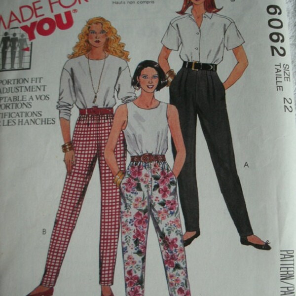 Misses Pants for Stretch Knits Only Size 22 McCalls Pattern 6062 Made For You Pants with Proportion Fit, Hip Adjustment NEW UNCUT  1992