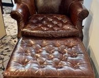 Restoration Hardware Distressed Brown Leather Wingback Chair and Ottoman