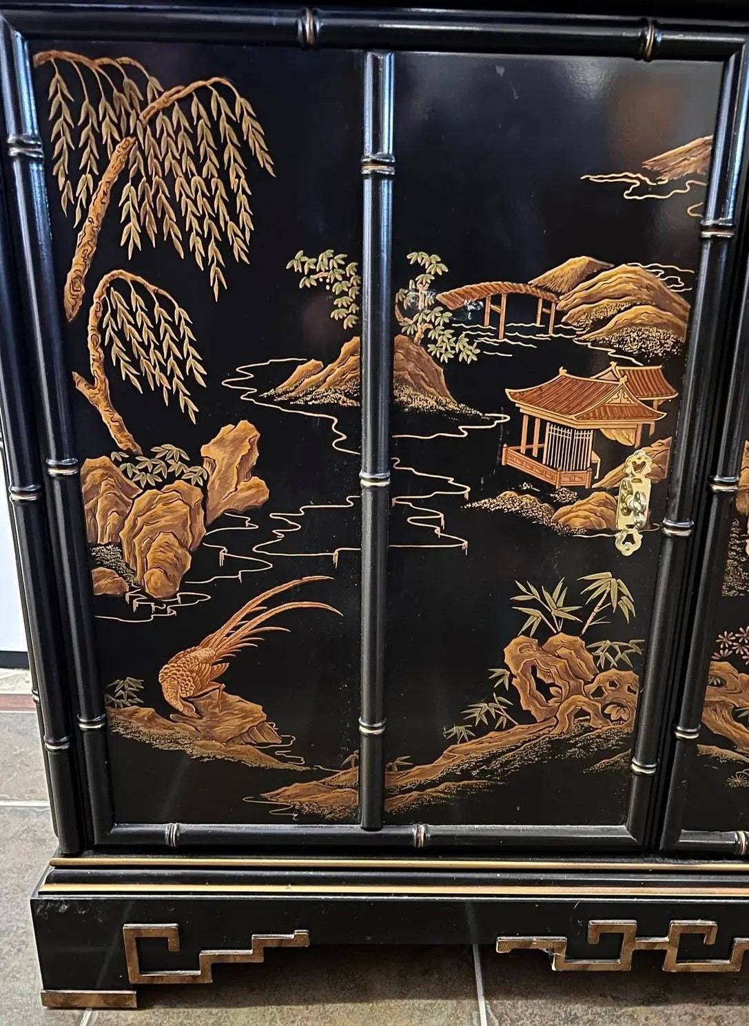 Drexel Black Lacquered Chinoiserie Pagoda Top Armoire