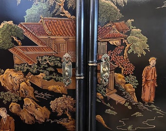 Drexel Black Lacquered Chinoiserie Pagoda Top Armoire