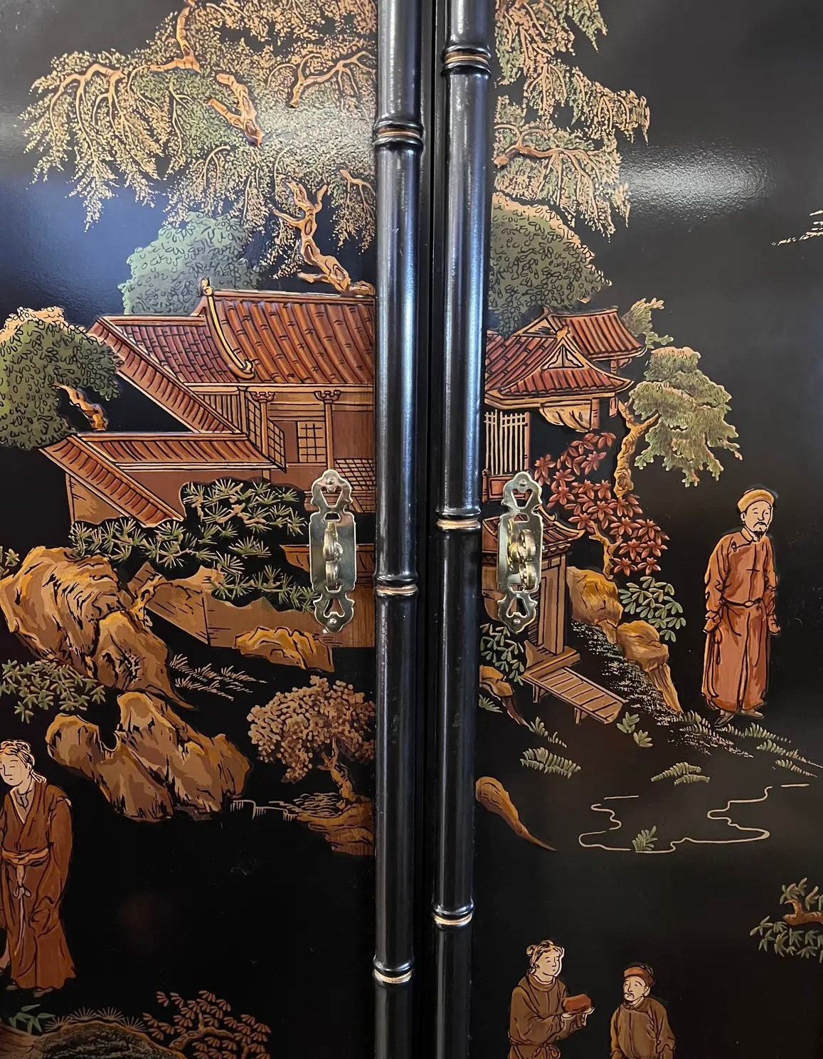 Drexel Black Lacquered Chinoiserie Pagoda Top Armoire
