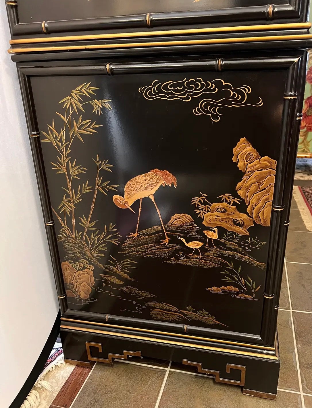 HR298 【高級レアデザイン】drexel heritage マガジンラック Drexel Black Lacquered Chinoiserie Pagoda Top Armoire