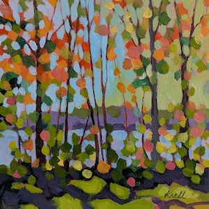 May include: An impressionistic painting of a forest scene. The artwork features vertical brown tree trunks with colorful foliage in shades of orange, green, and pink. The background includes a light blue sky and a hint of a lake. The artist's signature, "Krell", is visible.