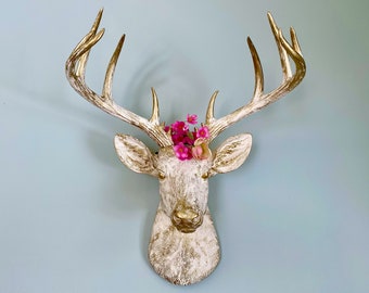 XLarge Faux taxidermie tête de cerf 14 points Stag Buck vintage or blanc support mural Decor Sculpture trophée rustique Antler Farmhouse Mysecretlite