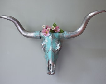 Grand crâne de taureau tête de vache support mural décor fausse taxidermie argent turquoise sud-ouest cowboy cow-girl shabby rustique boho cadeau-MySecretLite