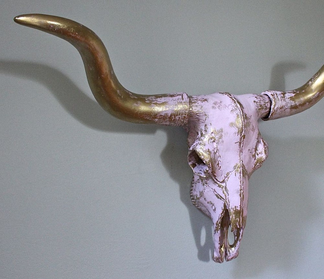 Bull Skull Faux Taxidermy Cow Head Wall Mount Gold Decor
