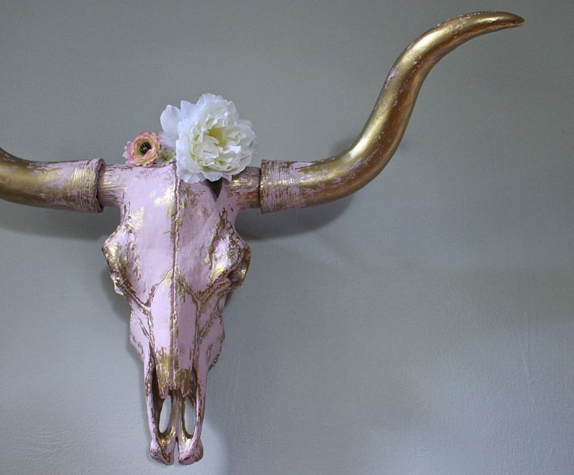 Bull Skull Faux Taxidermy Cow Head Wall Mount Gold Decor