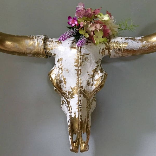 Large Bull Skull Texas Longhorn Wall Decor Faux Taxidermy Vintage White-gold Western Buffalo Cowboy Cowgirl Shabby Rustic Boho -MySecretLite