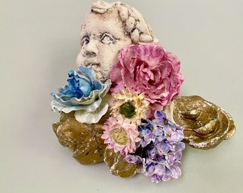 Vintage Cherub Wall Sculpture: Angel Wings, Handmade Flowers, Aged Plaster