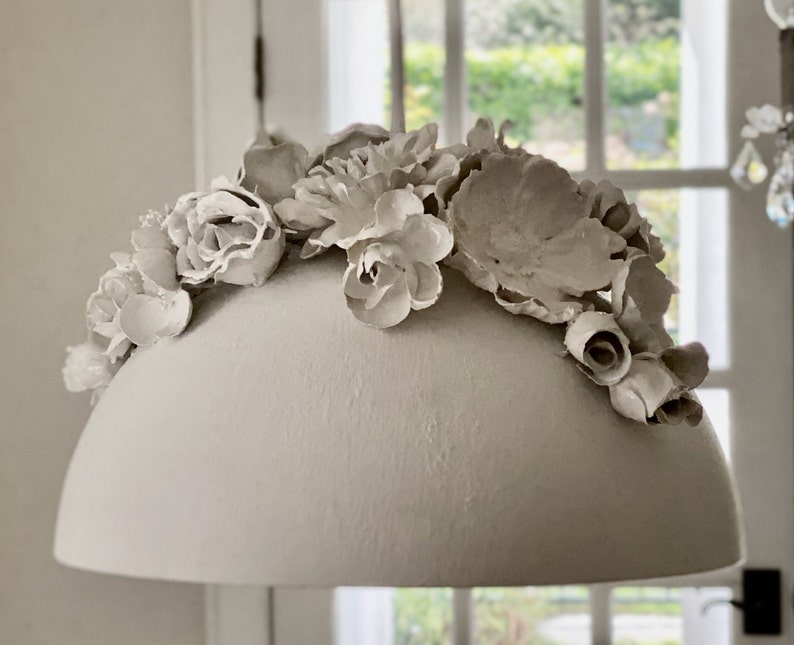 White Dome Pendant Light Floral Home Decor Porcelain Look Flowers Nature Inspired Lighting Boho Eclectic Hanging Chandelier My Secret Lite image 2