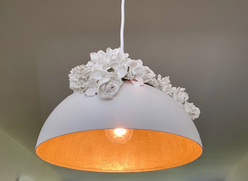 White Dome Pendant Light Floral Home Decor Porcelain Look Flowers Nature Inspired Lighting Boho Eclectic Hanging Chandelier My Secret Lite image 6