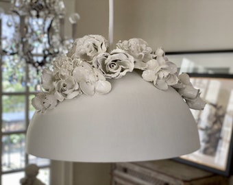 White Dome Pendant Light Floral Home Decor Porcelain Look Flowers Nature Inspired Lighting Boho Eclectic Hanging Chandelier  My Secret Lite