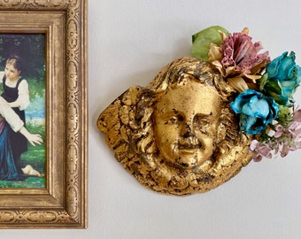 Antique Angel Gold Gilded Wood Putti Angel Cherub Sculpture Bust Head Wall Hanging Hand Painted Flowers Country Shabby Decor MySecretLite