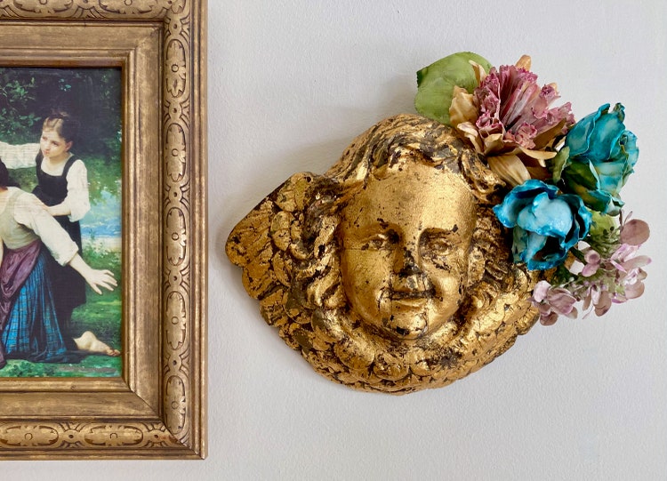 Antike Engel Gold Vergoldete Holz Wandbehang Porzellan Art Blumen Handgemalte Blumen Boho Französisch Land Shabby Dekor MySecretLite