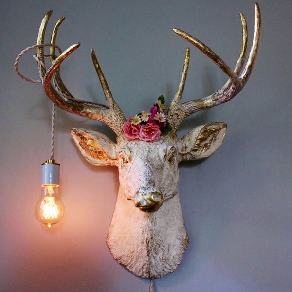 Faux Taxidermy Deer Head Wall Mount Sconce Light Stag Buck Antlers White Rustic Modern Trophy Animal Decor Antler Art Sculpture Holiday Gift