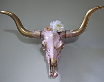 Bull Skull Faux Taxidermy Cow Head Wall Mount Gold Decor Holiday Gift Sculpture Brass Pink Western Cowgirl Shabby Cottage Chic Rustic Boho