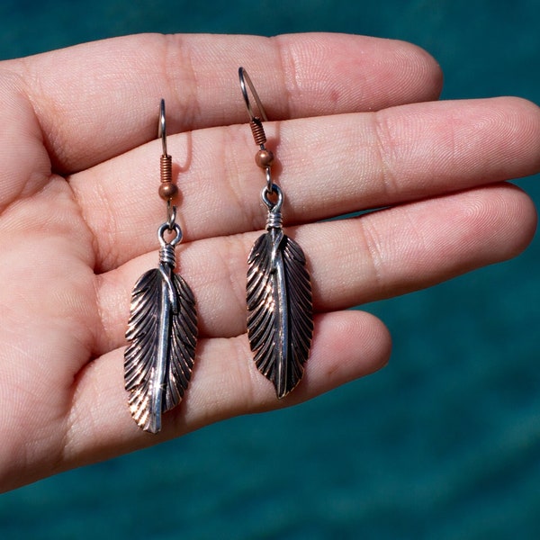 Handmade Pure Copper and Sterling Silver Earrings on Surgical Stainless Steel Earring Hooks, Delicate Copper Feather Earrings