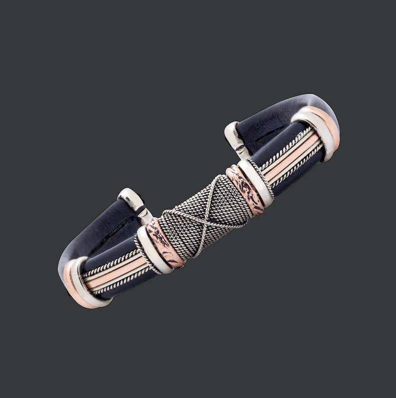 Pulsera de cuero y cobre: brazalete unisex ajustable, ideal para él y para ella, regalo de Navidad para hombres y mujeres, pulsera de la amistad o de pareja. imagen 7