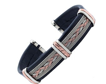 Pulsera de cuero negro para hombre, brazalete de alambre de cobre texturizado