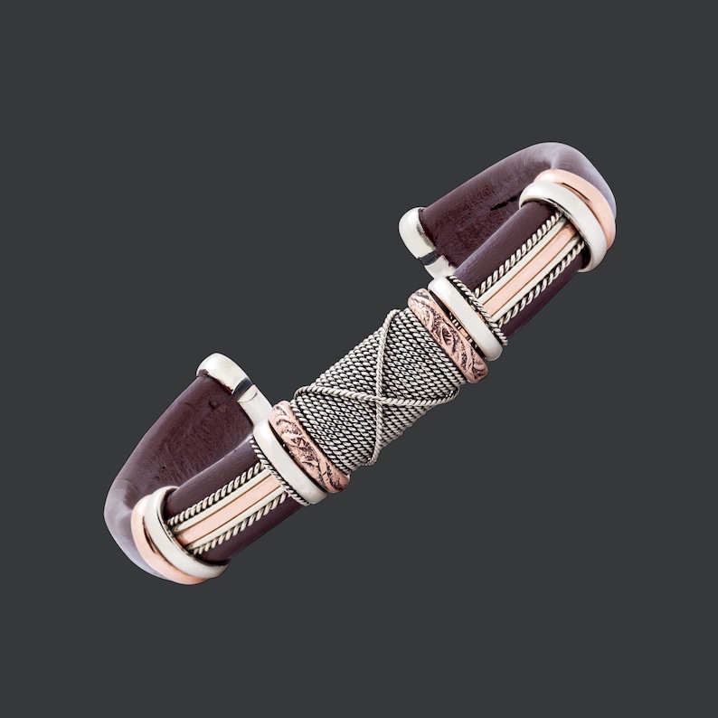 Pulsera de cuero y cobre: brazalete unisex ajustable, ideal para él y para ella, regalo de Navidad para hombres y mujeres, pulsera de la amistad o de pareja. imagen 8