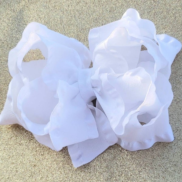 Double Ruffle Bow , White Hair Bow , Ruffle Headband , Boutique Hair Bow , Stacked Hair Bow