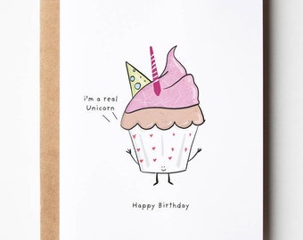 Cupcake Birthday Card, Happy Birthday, Birthday card for her, Card for him, Card for a child, children's birthday card, Pink cupcake, cake