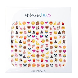 May include: A sheet of nail decals with a white background and a repeating pattern of colorful emoji. The sheet is labeled "monicahues" and "NAIL DECALS".