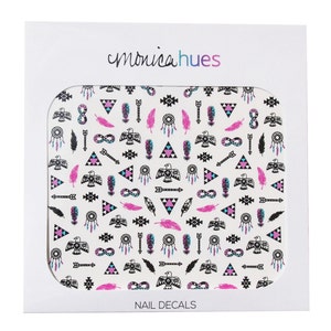 May include: A sheet of nail decals with a white background and a repeating pattern of black, pink, and blue geometric shapes, feathers, dreamcatchers, and arrows. The text "monica hues" and "NAIL DECALS" are printed on the sheet.