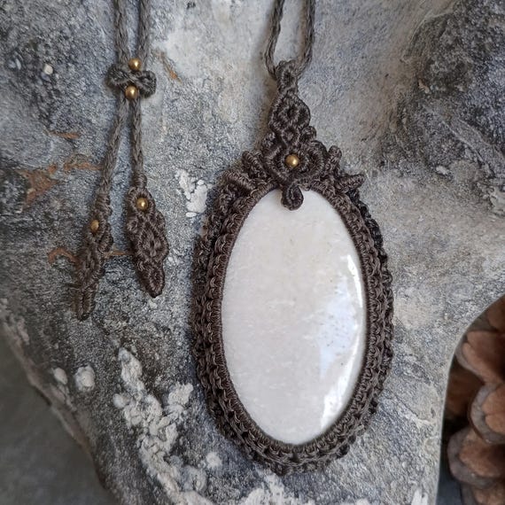 White Scolecite Macrame Necklace | Pendant size 7 cm