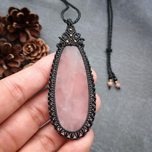 Rose Quartz Macrame Necklace | Pendant size approx 7.5 cm