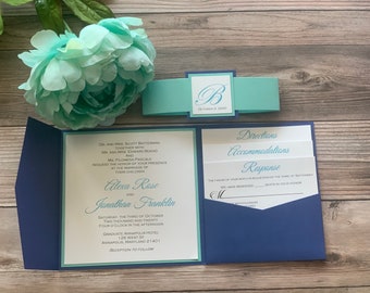 Navy Pocket Wedding invitation | Teal and Navy | Nautical invitation | pocket invitations | wedding invitation | elegant wedding invitation