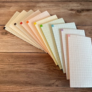 May include: A set of ten gridded notebooks with colorful accents. The notebooks are arranged in a fan shape, with the covers facing outward. The notebooks are all the same size and have a white background with a grid pattern.