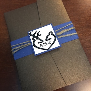 Deer heads wedding invitation  | Pocket Wedding invitation w/twine accent | deer heads | outdoor wedding | fall | Navy | chalkboard | bronze