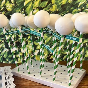 May include: White cake pops on green and white striped sticks, each with a small sign that reads "NOAH STREET". The cake pops are arranged on a white display stand, with a green leafy background.