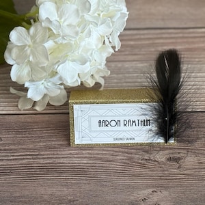 Gold Glitter Art Deco Place Cards with Feather, 1920s Wedding Seating