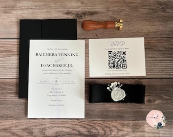 Black and White Wedding invitation | black wedding invitation suite | customized letter monogram wax seal | silked frayed ribbon |babybreath