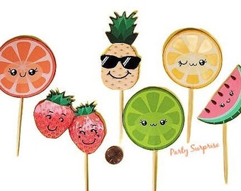 Fruit Cupcake Toppers Fruit Cake Toppers Banners Custom Hand Made Tropical Party Toppers Watermelon Strawberry Pineapple Orange Lime Lemon