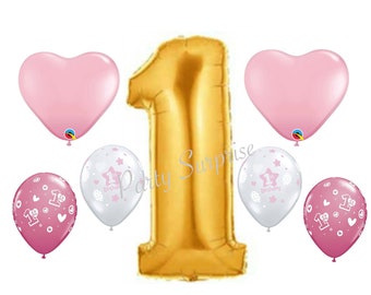 Jumbo Gold 1 Balloon 1st Birthday Girl Balloon Package Pink and Diamond clear 1st birthday pink heart latex 1st Birthday Party Balloons