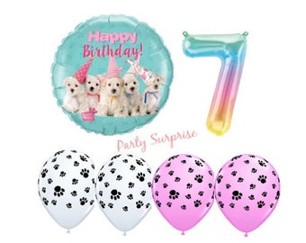 Dog Puppies Happy Birthday Balloon Package Maltese Poodle Bichon White Puppy Birthday Party Balloons Paw Print Birthday Party Dog Balloons