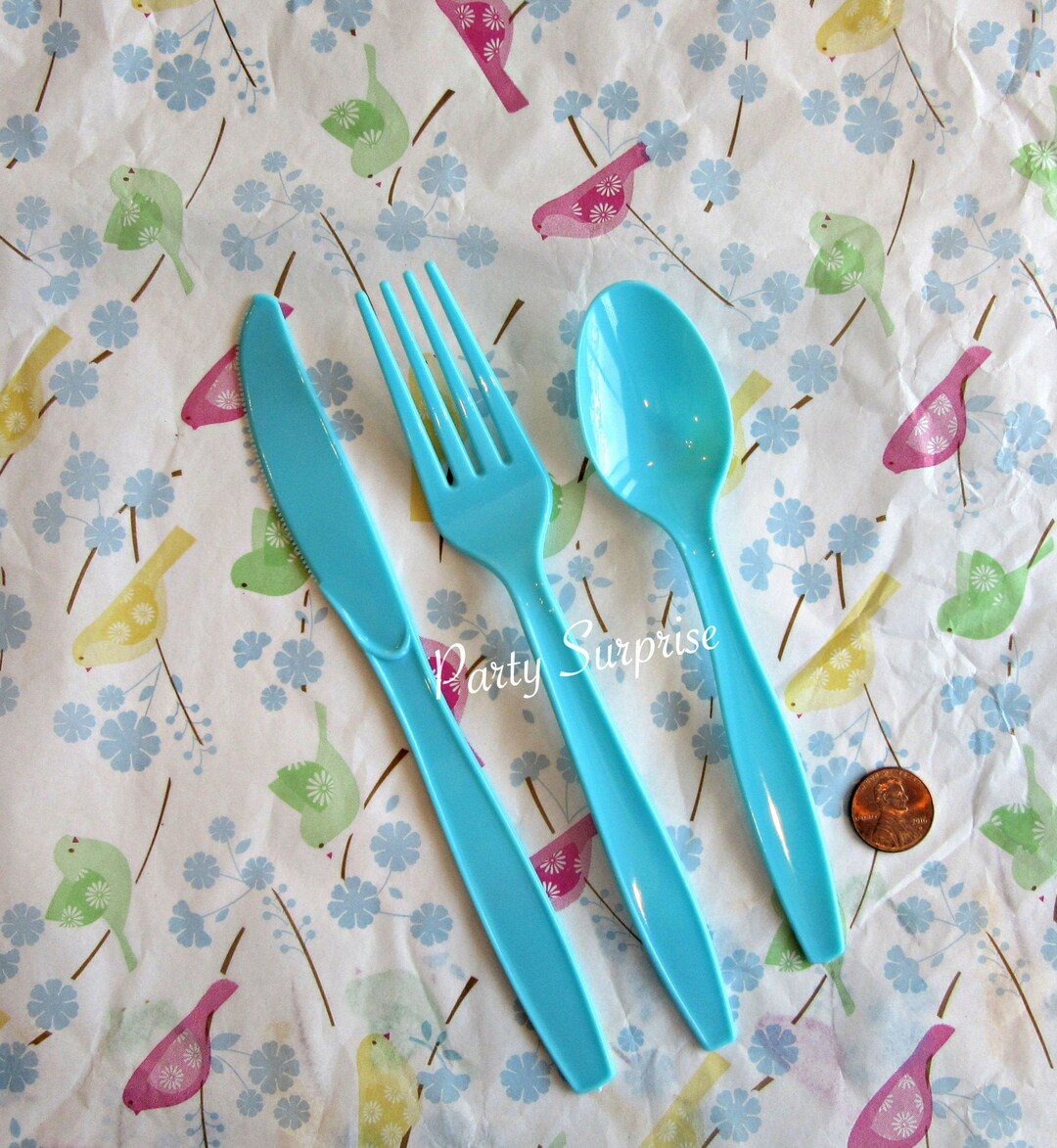 Blue Cutlery Knives Spoons Forks Set Heavy Weight Plastic Disposable