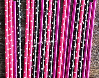 Pink Black and Hot Pink Straws Pink and Black Polka Dot Straws, Hot Pink metallic Straws, Womens party straws, Minnie Mouse Straws