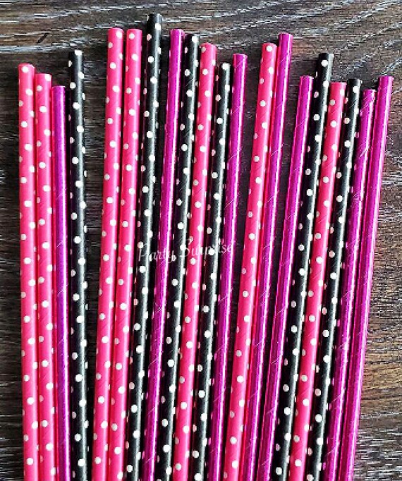 Pink Black and Hot Pink Straws Pink and Black Polka Dot Straws, Hot Pink metallic Straws, Womens party straws, Minnie Mouse Straws Il_570xn
