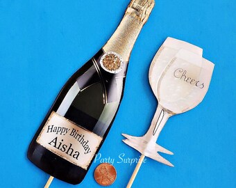 Champagne Bottle Cheers Glasses Cake Topper Cupcake Toppers Wedding Bridal Shower Engagement Party Bride Groom Personalize Hand Custom Made