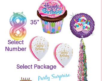 Birthday Balloon Pkg for Girls Cupcake 35" Mylar Foil with Happy Birthday Balloons/Balloon Tails  Select Your Pkg. Made in the USA