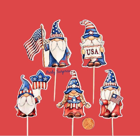 Patriotic Gnomes Cupcake Toppers 4th of July party Memorial Day Labor Day Veterans Day American Birthday Party Cupcake Cake Banner Il_570xn