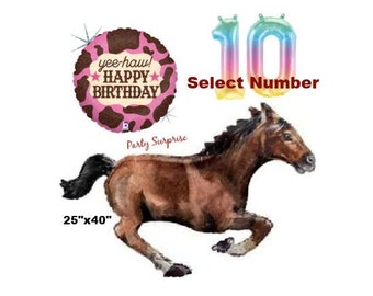 Cowgirl Birthday Party Balloon Package Jumbo Horse Pony Balloon Yee Haw Happy Birthday mylar foil balloons number balloons Made in USA