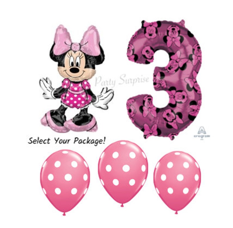 May include: A pink and black Minnie Mouse balloon with a pink number 3 balloon and three pink polka dot balloons. The text "Select Your Package!" is at the bottom of the image.