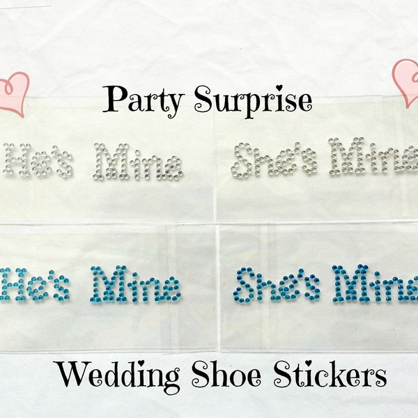 Wedding Shoe Stickers 2 Pairs He's Mine She's Mine, I Do Me Too, Clear Blue Pink Rhinestone Engagement Bridal Shower Wedding Rehearsal