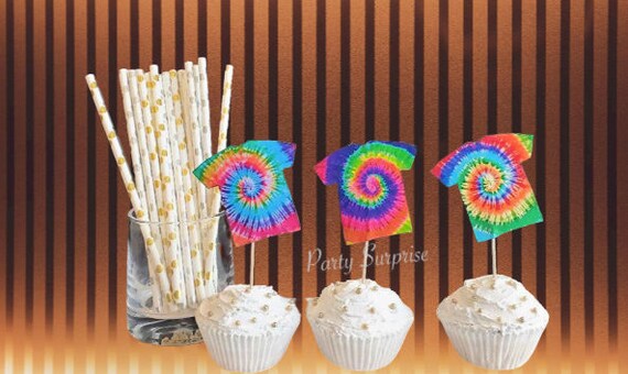 Tie Dye Shirts and Flip Flops Cupcake Toppers Tie Dye Custom Made Toppers 80's Party Disco Rock Summer Beach Birthday Party Tie Die Decor Il_570xn